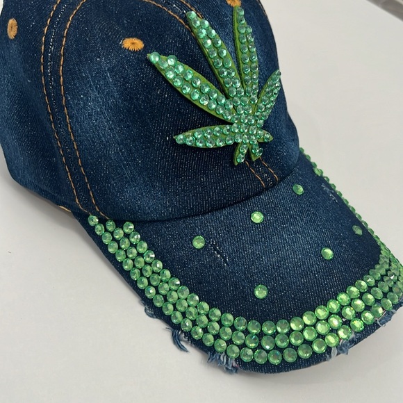 Denim Cotton Cap with Rhinestone Green Weed appliqué - Picture 3 of 5